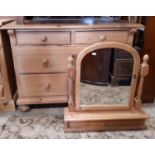 A stripped pine chest of two long and two short drawers on bun feet, 98 cm wide, together with a