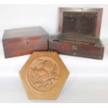 A hexagonal carved oak wall plaque of a red squirrel, and two 19th century mahogany boxes both in