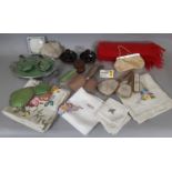 Mixed collection of vintage textiles and dressing accessories including a long baby gown with lace