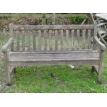 A Lansdale weathered teak garden bench with slatted seat and back 150 cm wide