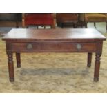 A Regency mahogany games table with chequerboard top enclosing a single frieze drawer on turned