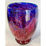 A contemporary studio glass vase in shades of red and blue, 26cm tall