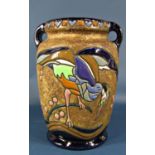 An Austrian Amphora art deco period vase with loop handle and incised detail showing a heron fishing