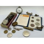 Miscellaneous collection - military cap badges, coinage, Ingersoll gents wristwatch, etc