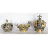 Three brass gilt Roman Catholic Virgin Mary and Saints processional crowns, two studded with semi