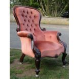 A Victorian mahogany drawing chair with carved and moulded show wood frame and later upholstered