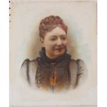 Quarter-Portrait of a Victorian Lady Wearing Lace Collar, painted on glass, label attached verso,