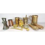18th and 19th century copper and brass ware, including, three tankards, a pestle and mortar, two