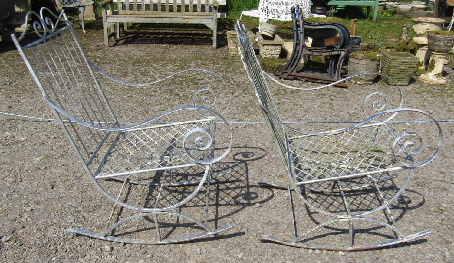 A pair of decorative painted ironwork garden rocking chairs with open scrolled arms and lattice - Image 2 of 3