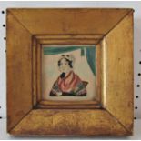 Primitive miniature portrait of a lady wearing a bonnet and shawl with curtains in background,