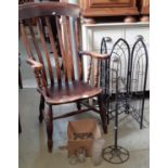 A Victorian Windsor lathe back elbow chair with scrolled arms in elm and beech together with 2