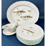 A collection of Marlborough dinner ware individually decorated with fresh water fish and other