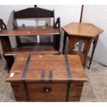 An Indian hardwood box with metal strap work, two oak wall shelves with shaped outlines and an oak