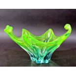 A Murano Art Glass green Splash vase, a vintage green glass vase with clear base, and a pale amber