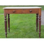 19th century mahogany wash stand on fluted supports, with frieze drawer and marble top, 90cm wide