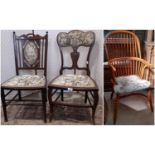 An Edwardian bedroom chair with inlaid supports, upholstered seat and back and a further bedroom