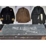 Wooden transport trunk containing the post war Naval uniform of Captain SJ Hennessey including