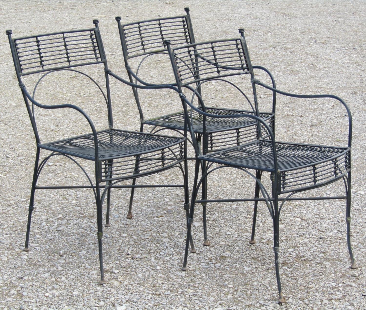 A set of three heavy gauge iron work garden open armchairs with x framed stretchers - Image 2 of 2