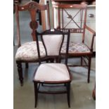 Inlaid Edwardian mahogany elbow chair with satinwood band, upholstered seat and two further chairs