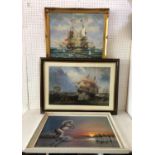 Three Framed Paintings and Prints to Include: Battle of Trafalgar, oil on canvas, unsigned, 61 x