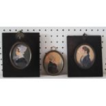 Three miniature portraits of a gentleman and two ladies in profile, watercolour and pencil on paper,