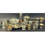 A mixed collection of silver plate, pewter and stainless steel table ware and trophy’s, including