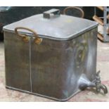 A 19th century copper hot water square pan and cover with fixed steel loop handles and pronounced