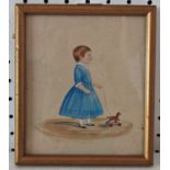 Primitive miniature portrait of a young girl in profile with a hobby horse, pencil and watercolour
