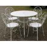A cream painted metal garden terrace suite comprising circular topped table, 95 cm diameter and a