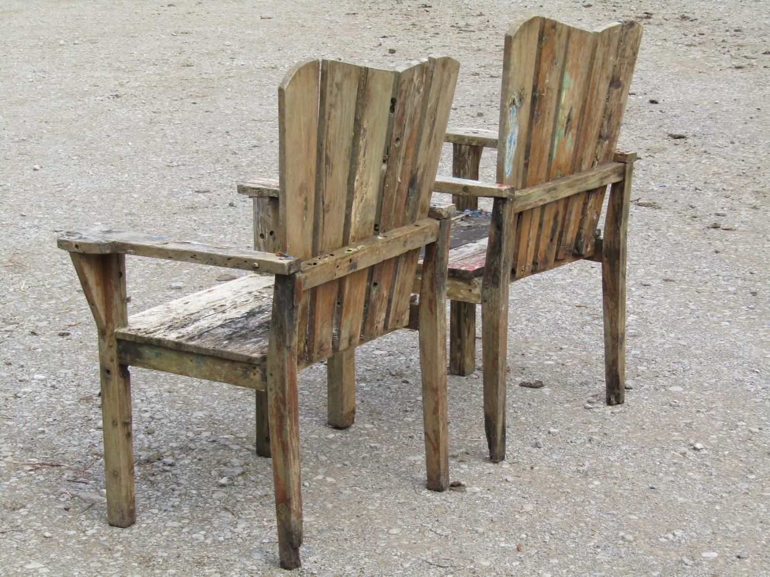 A pair of painted and weathered teak garden open armchairs with tapered slatted backs, 76 cm wide ( - Image 2 of 5