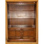 Ercol dark stained elm floorstanding bookcase, partially enclosed by a pair of moulded panelled