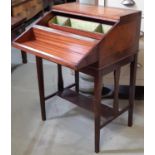 A mahogany and burr maple sewing box on stand with simple fitted interior, 50cm wide