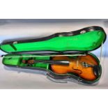 A Parrot Violin, made in China, and bow with a hard carry case, 55cm max and 35cm back.