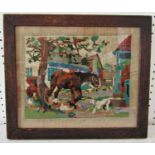 1940s Tapestry of Farm Scene with Horse and Dog, with label inscribed 'worked by Margaret Parsons (