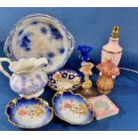 A pair of small Limoges dishes with blue and gilt ground, small agate dish, Venetian glass vase with