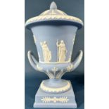 A Wedgwood blue Jasper ware Grecian vase with cover, 32cm high, in it's original Wedgwood box with