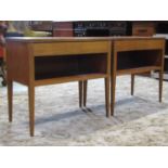A pair of mid century teak side tables, each fitted with a frieze drawer on square tapered legs with