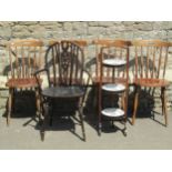 Four spindle back kitchen chairs and a wheel back elbow chair (5)