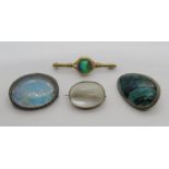 Group of four brooches to include a 9ct opal triplet example, maker 'OSW', 3.1g, an antique