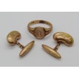 Antique 9ct signet ring, size R/S and pair of engraved kidney bean shaped cufflinks, 8.6g total (3)