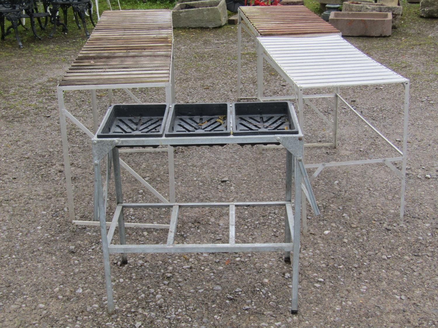 Four aluminium greenhouse potting tables of varying size and design, two with wooden open slatted - Image 2 of 2