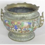 A 19th century Japanese brass and enamelled bowl, with signature to base, 14cm diam.