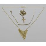 Group of 9ct chain jewellery comprising a beaded fringe necklace, a cross pendant necklace and a