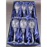 A set of six Stuart crystal cut glass wine glasses in the original presentation box.