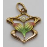 Art Nouveau 9ct enamelled pendant set with a pearl, 2.2cm L approx, 0.8g