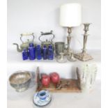 A miscellaneous collection of items including copper kettles,, silver plated candlestick and