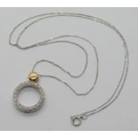 9ct white gold necklace with diamond hoop pendant and fine link chain, 3.4g