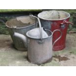 A vintage galvanised fire bucket, one other and a watering can (3)