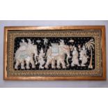 Large embroidered Burmese Kalaga panel, depicting padded characters and elephant figures appliqued