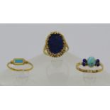 Stylised vintage 9ct lapis lazuli ring, size L/M, 3.6g, together with a silver gilt ring set with